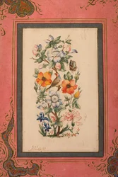 Ein Blumenstängel mit einem Vogel und einem Schmetterling